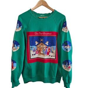 Vintage Christmas Sweater Womens 1X Green Nativity Religious Patchwork Granny